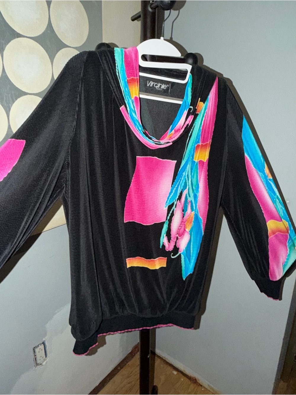 Vintage black pleated “art to wear" colorful floral and abstract appliqué top